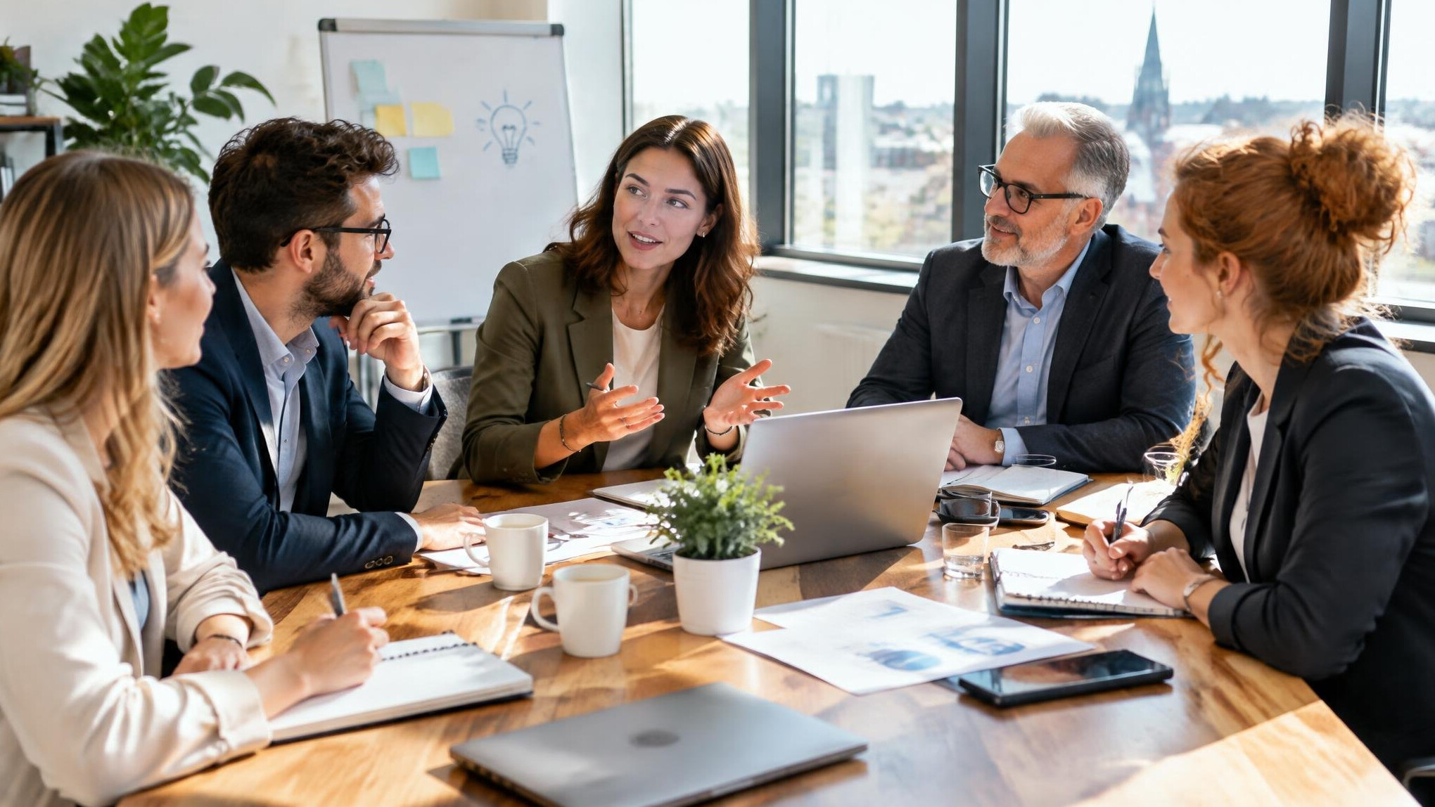 Diverse team discussing ideas around a table