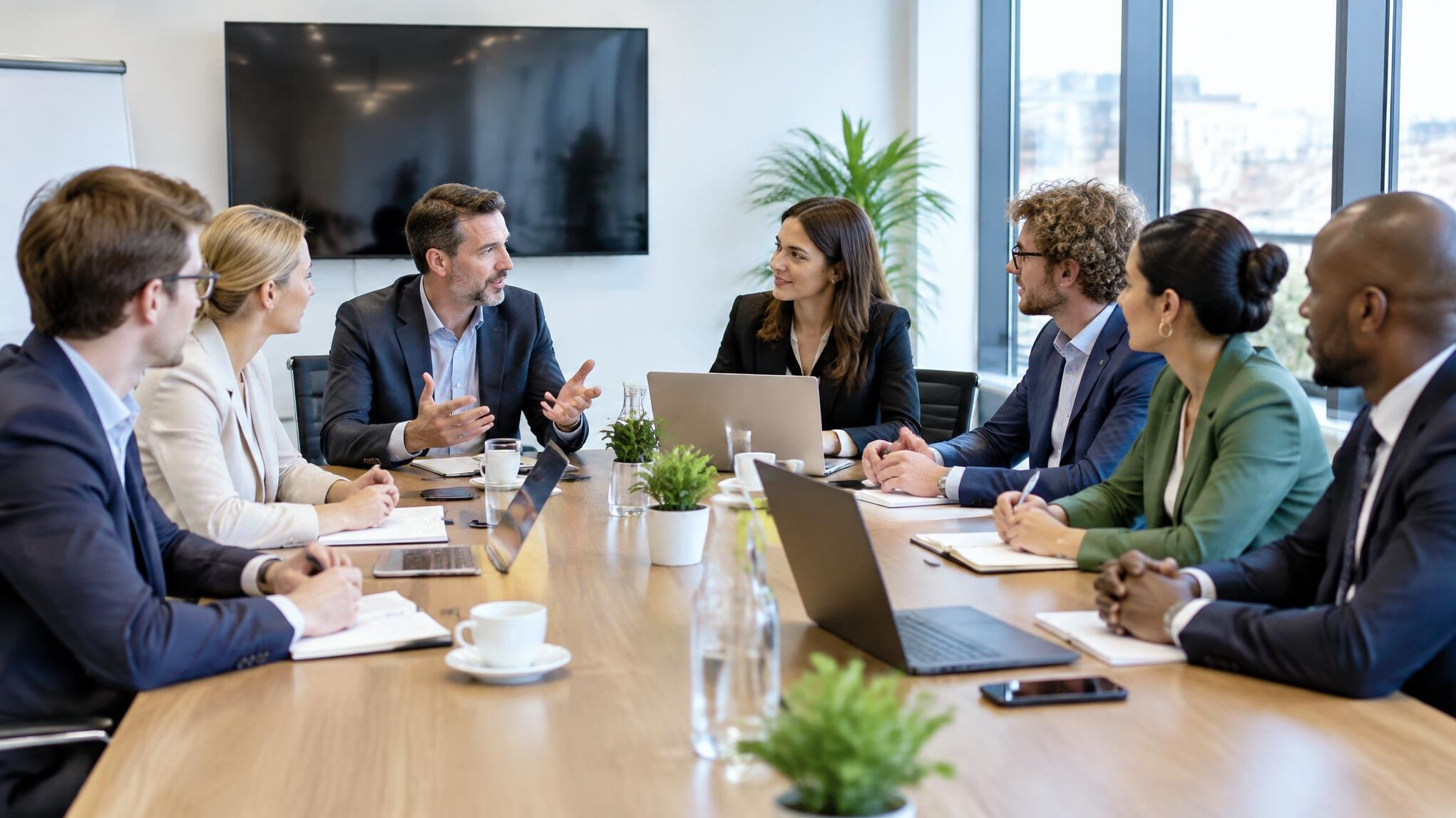 Group of colleagues discussing around a conference table